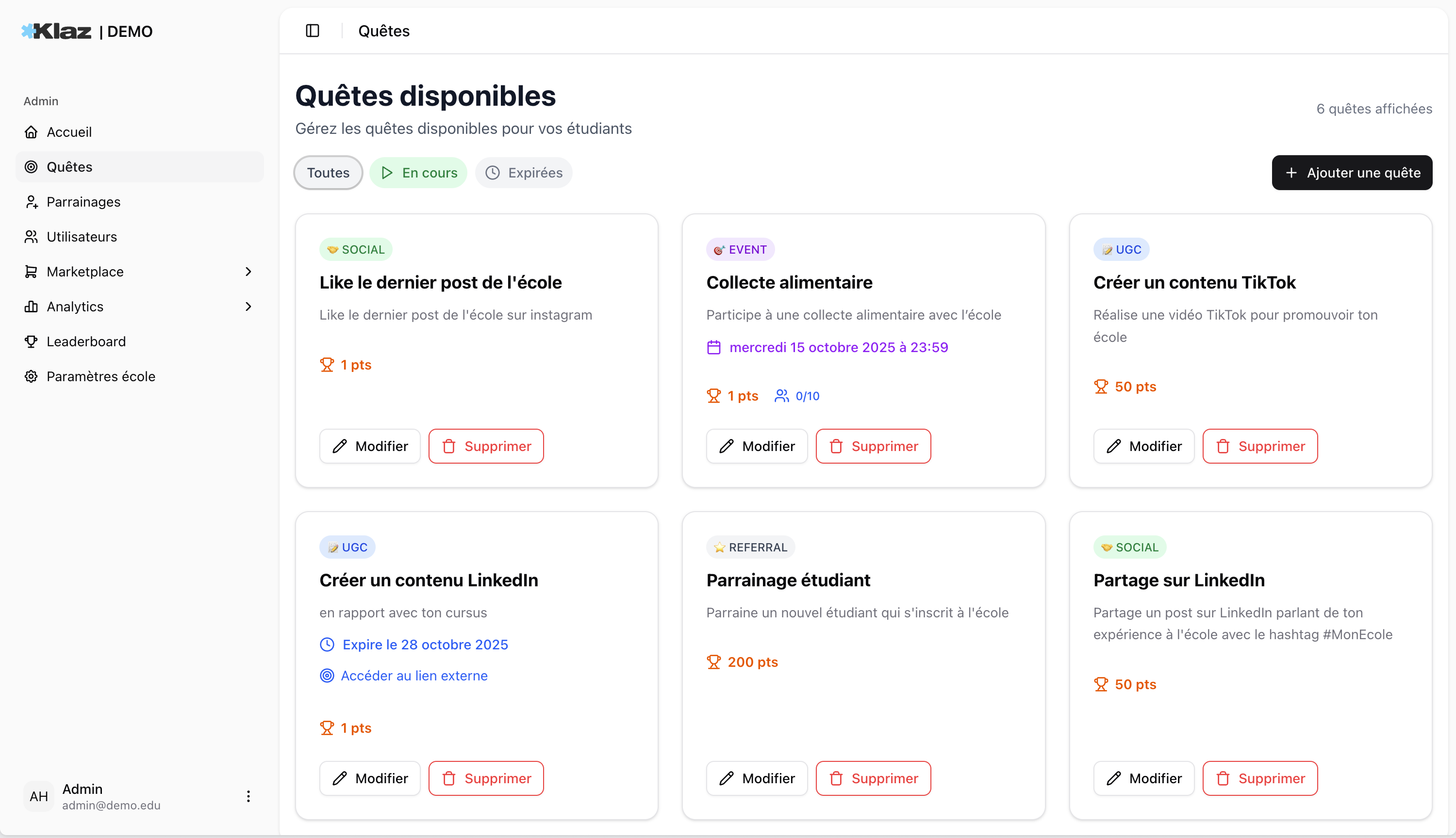 Aperçu de l'interface Klaz